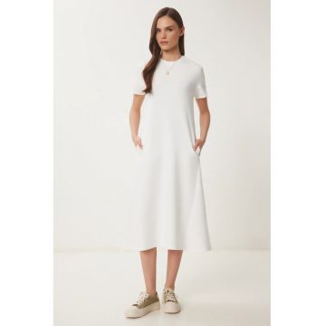 Rochie midi Happiness Istanbul - eleganta - crem - bumbac-elastan - maneci scurte