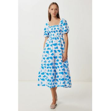 Rochie midi Happiness Istanbul - evazata - volanase - imprimeu abstract - albastru - poliester-bumbac -