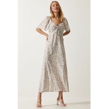 Rochie Midi - Happiness Istanbul - Floral - Decolteu in V - Alb - 100% viscoza -