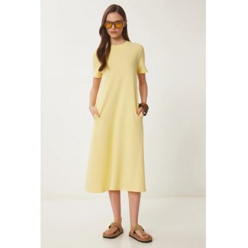 Rochie midi Happiness Istanbul - galben - maneci scurte - guler rotund - bumbac -