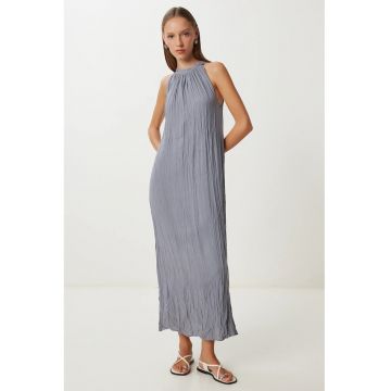 Rochie Midi - Happiness Istanbul - Gri - Texturata - Guler Halter - Bumbac-Elastan -