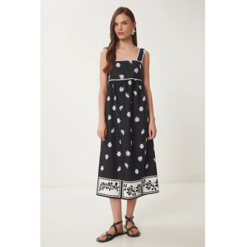Rochie Midi - Happiness Istanbul - Guler Patrat - volane - Negru - 100% bumbac