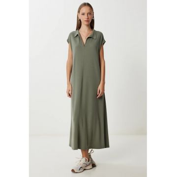 Rochie midi - Happiness Istanbul - guler polo - buzunar - kaki - bumbac -