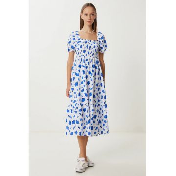 Rochie midi - Happiness Istanbul - imprimeu abstract - volanase - albastru - poliester-bumbac