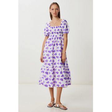 Rochie midi - Happiness Istanbul - imprimeu abstract - volanase - mov - poliester-bumbac