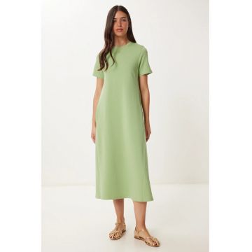Rochie midi - Happiness Istanbul - maneci scurte - verde pin - bumbac
