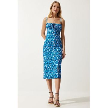 Rochie Midi - Happiness Istanbul - Model Floral - Albastru - Poliester/Elastan -