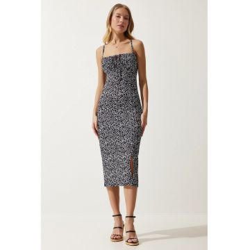 Rochie midi - Happiness Istanbul - model floral - poliester/elastan - negru - elegant -
