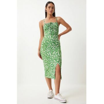 Rochie midi - Happiness Istanbul - model floral - verde - poliester - elegant