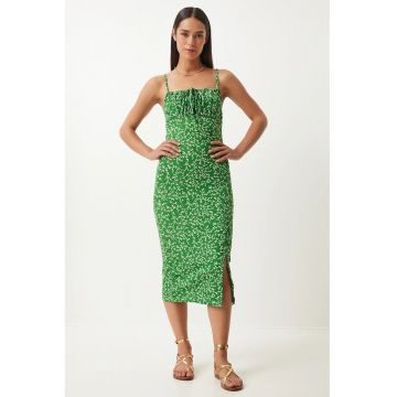 Rochie midi - Happiness Istanbul - poliester - model floral - verde