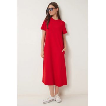 Rochie midi - Happiness Istanbul - rosie - maneci scurte - guler rotund - elastic - bumbac