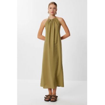 Rochie Midi Happiness Istanbul - Verde Oliv - drapaj - guler Halter - 85% modal