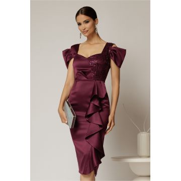 Rochie midi mov din tafta cu paiete si volanas pe fusta