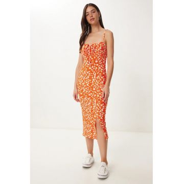 Rochie midi mulata Happiness Istanbul Floral - cu slit - Portocaliu