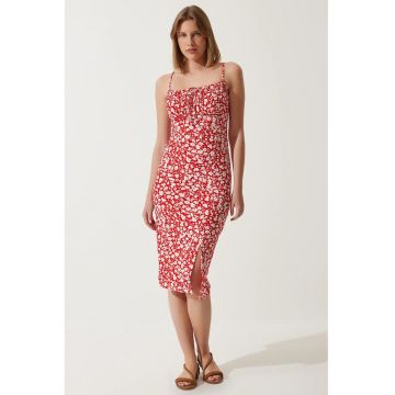 Rochie midi mulata Happiness Istanbul Floral - cu slit - Rosu