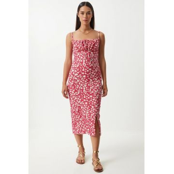 Rochie midi mulata Happiness Istanbul - poliester/elastan - rosu/alb