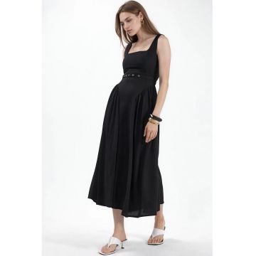 Rochie Midi  Neagra - Poliester - Fara Maneci - Decolteu Patrat