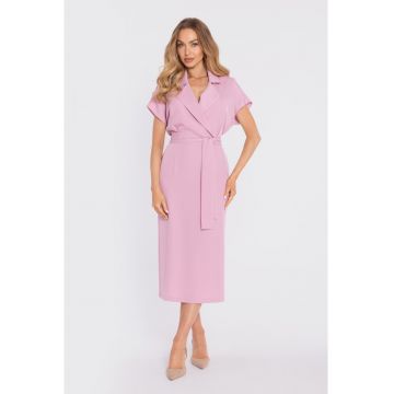 Rochie midi petrecuta cu curea - - Roz pudrat