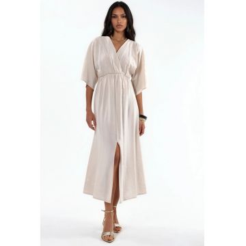 Rochie midi -  petrecuta - decolteu in V - maneci trei sferturi - poliester