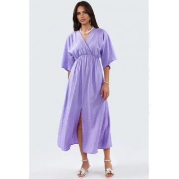 Rochie midi -  petrecuta - decolteu in V - mov lavanda - poliester