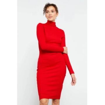 Rochie Midi  rosie - cu guler inalt - din bumbac si elastan - pentru femei