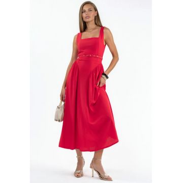 Rochie Midi  rosie - poliester - fara maneci - decolteu patrat -