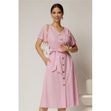 Rochie midi roz de zi din in tip camasa cu manecile scurte
