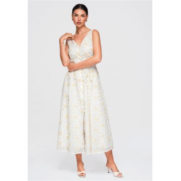 Rochie midi rozkloszata cu decolteu in V si broderie florala OW-DLR-E0015 - Alb