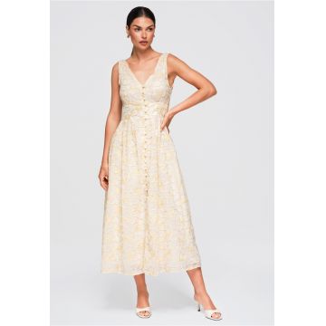Rochie midi rozkloszata cu decolteu in V si broderie florala OW-DLR-E0015 - Bej