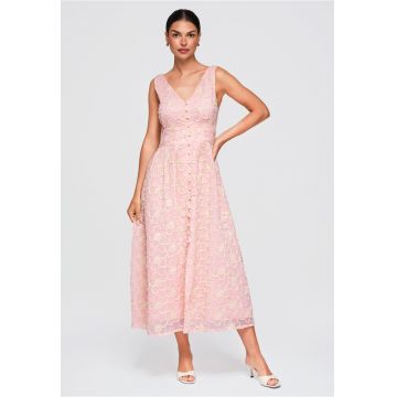 Rochie midi rozkloszata cu decolteu in V si broderie florala OW-DLR-E0015 - Roz