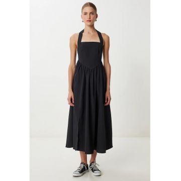 Rochie Midi Slim Fit - Happiness Istanbul - Guler Patrat - Negru - Bumbac si Poliester