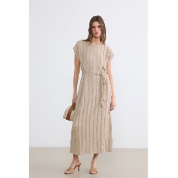 Rochie midi texturata cu inchidere cu cordon - Bej inchis