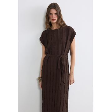 Rochie midi texturata cu inchidere cu cordon - Maro inchis