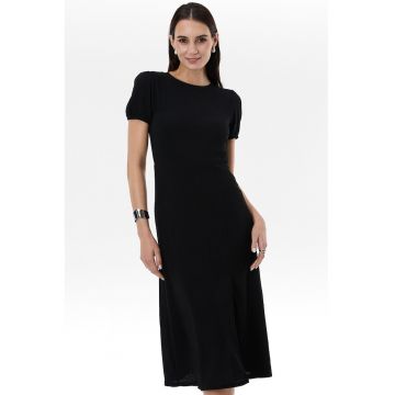 Rochie midi texturata cu slit frontal - Negru