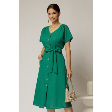 Rochie midi verde de zi din in tip camasa cu manecile scurte