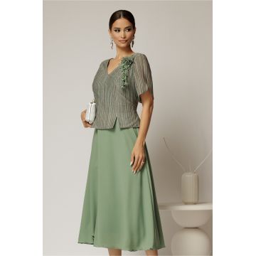 Rochie midi verde fistic cu bustul din lurex si decolteu in V