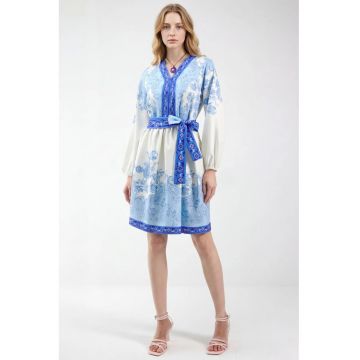 Rochie mini -  decolteu in V - albastru - poliester