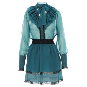 Rochie mini din matase cu volane - Turcoaz
