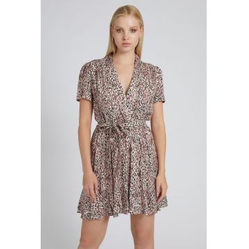 Rochie mini evazata cu animal print - Negru/Roz pastel/Alb murdar