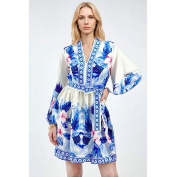 Rochie Mini -  Floral - Albastru - Poliester-Bumbac-Lycra