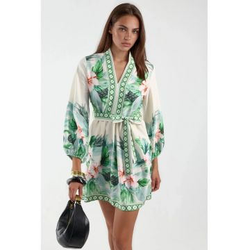 Rochie Mini -  Floral - Verde - Poliester-Bumbac-Lycra