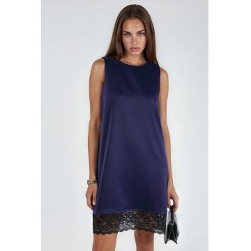 Rochie mini -  satin cu detalii din dantela - albastru marin - eleganta - 100% poliester