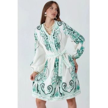 Rochie mini -  verde - casual - maneca lunga - decolteu in V - 70% poliester - 25% bumbac - 5% lycra