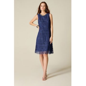 Rochie scurta cu insertii din dantela - fara maneci - Albastru inchis