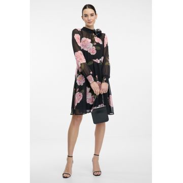 Rochie scurta vaporoasa cu model floral - Negru/Roz