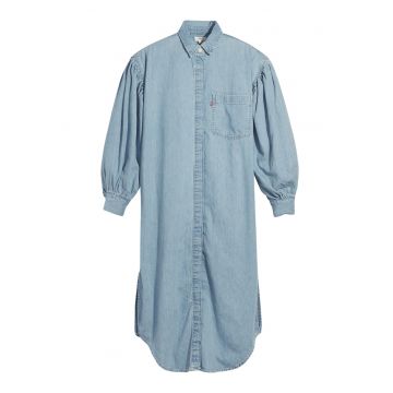 Rochie tip camasa din denim cu maneci bufante - Albastru prafuit