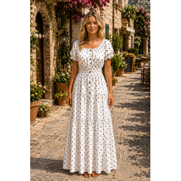 Rochie alba lunga de vara imprimata cu buline