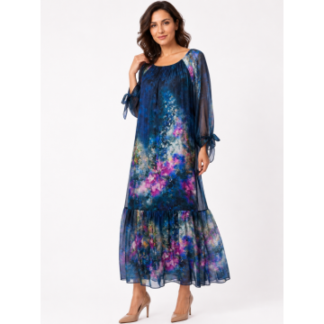 Rochie albastra de vara din matase naturala cu imprimeu abstract