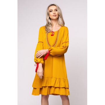 Rochie Ana mustar cu broderie pe bust si maneci