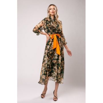 Rochie Anabel portocalie din matase cu imprimeu floral